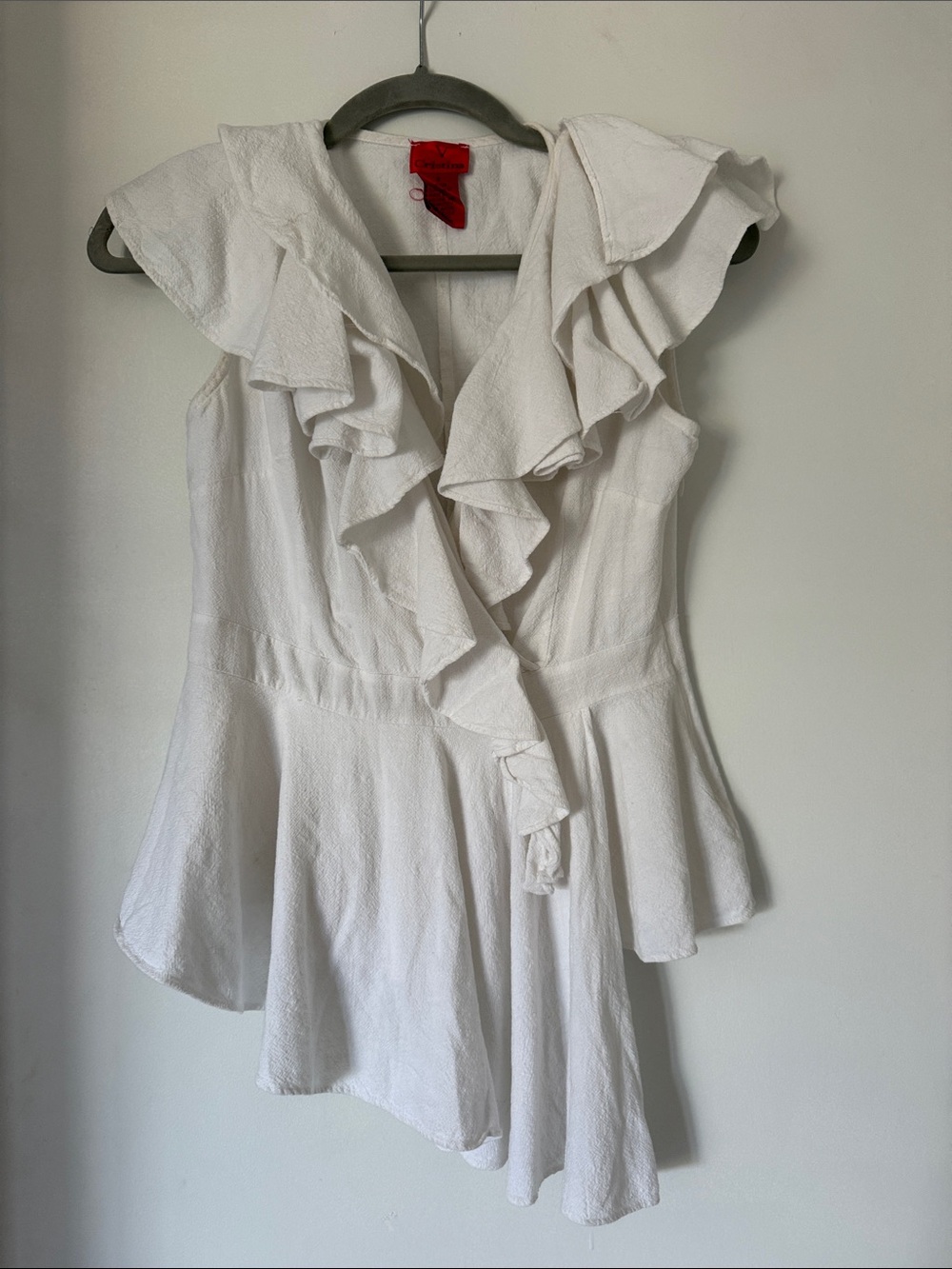Vintage Cristina White 100% Cotton Ruffle Wrap Peplum Top | Size S